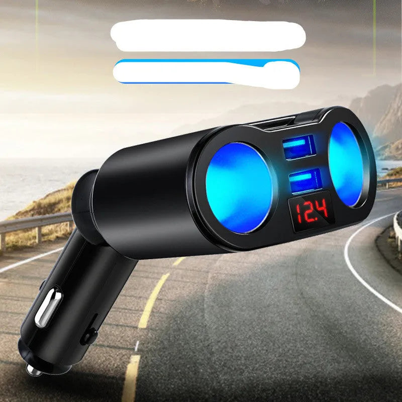 Car Bluetooth FM transmitter MP3 player plugged into vehicle cigarette lighter socket showing LED indicator