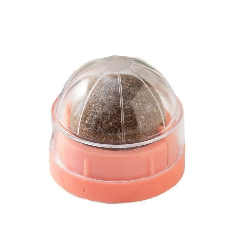Plastic catnip ball toy with teeth cleaning design in various colours including pink, blue, green, and avocado mint