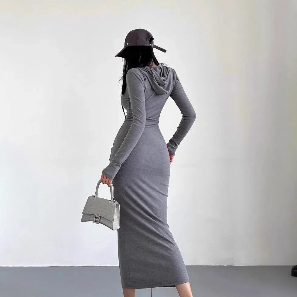 Women's grey hooded sheath dress with long sleeves and over-the-knee length in high-waist styling