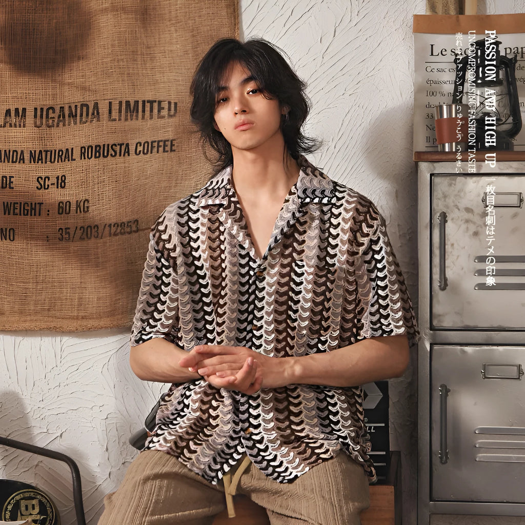 Grey Japanese-style men's shirt with a Cuban collar and textured jacquard pattern, short sleeves.
