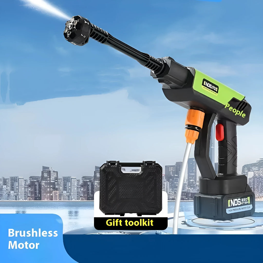 Wireless high-pressure water gun in green colour with six-in-one nozzle and accessories for household cleaning