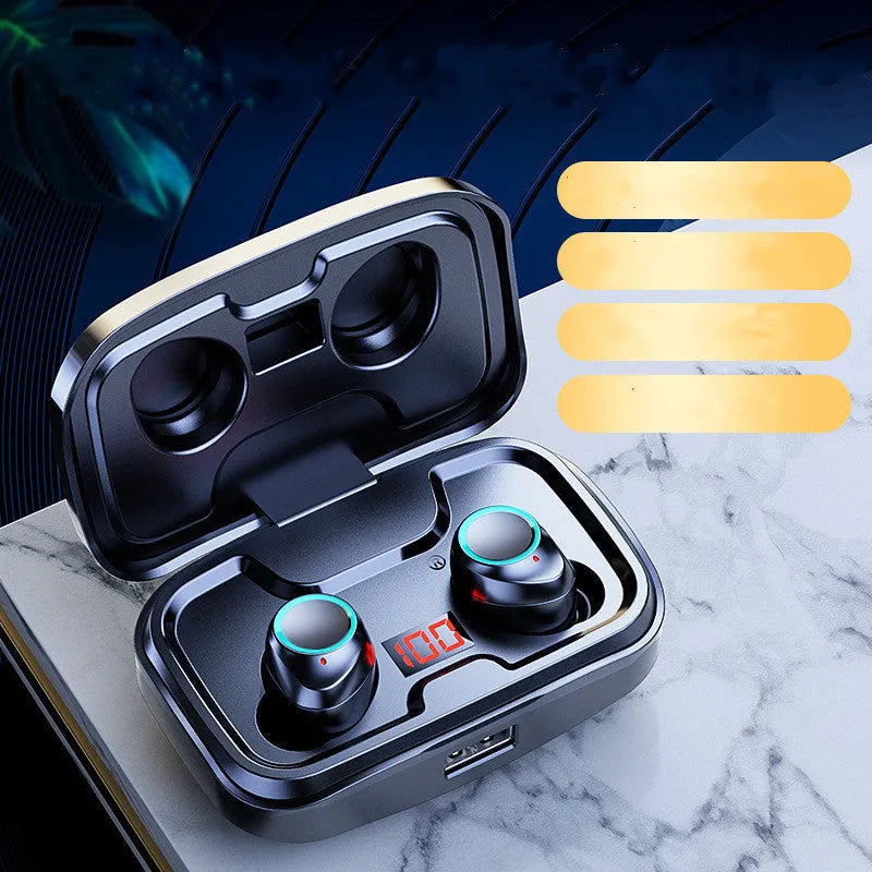 Black wireless Bluetooth earphones with in-ear design showing stereo binaural configuration