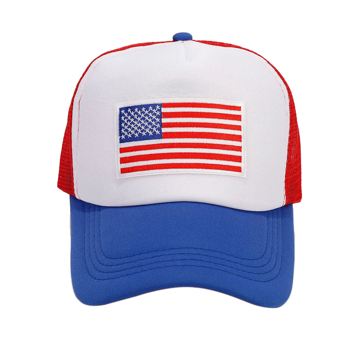 Red and blue contrast mesh breathable baseball cap with adjustable strap and dome crown design
