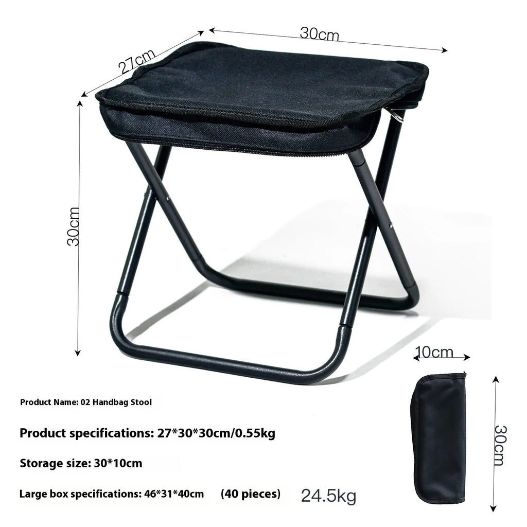 Lightweight foldable camp stool in Oxford cloth, shown in a khaki colour, folded for carrying.