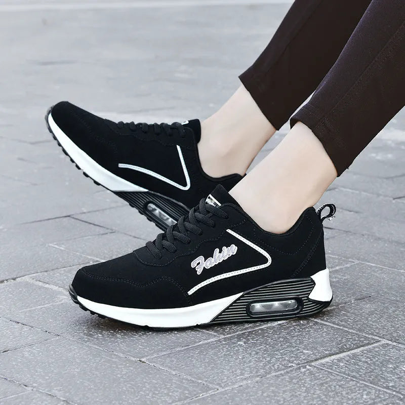 Women's spring leather air cushion sports shoes, flat heel, low top, lace-up, available in black pink and black purple colourways