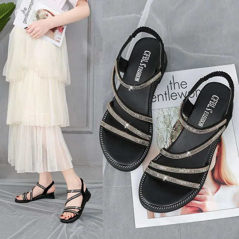 Korean style women's flat sandals with rhinestone decoration in gold colour