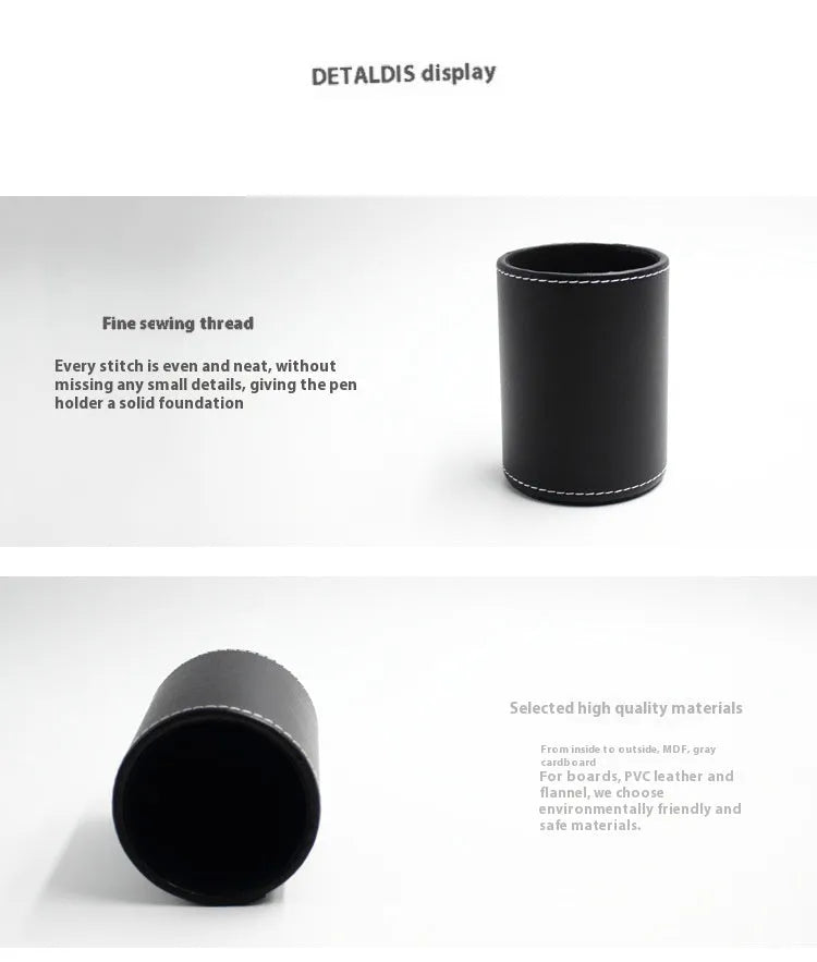 Round black leather pen container showing cylindrical shape and compact size for desk organisation.