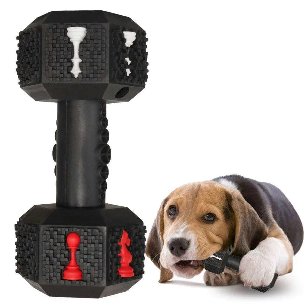 Natural rubber dog chew toy with hollow dumbbell design and textured surface for dental care
