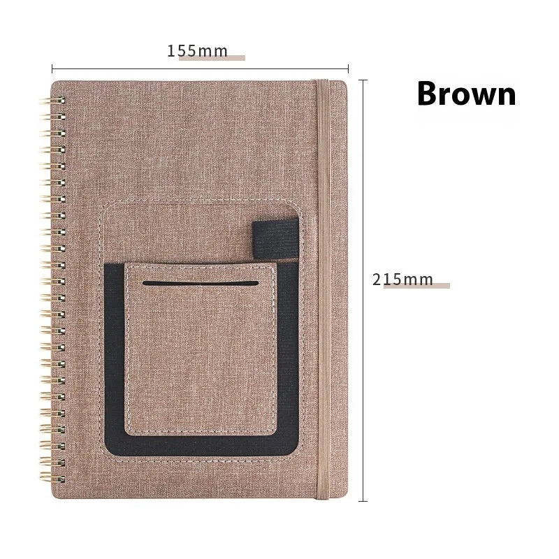 A5 spiral bound reusable notebook with stone paper, shown with pen on customisable coloured cover.
