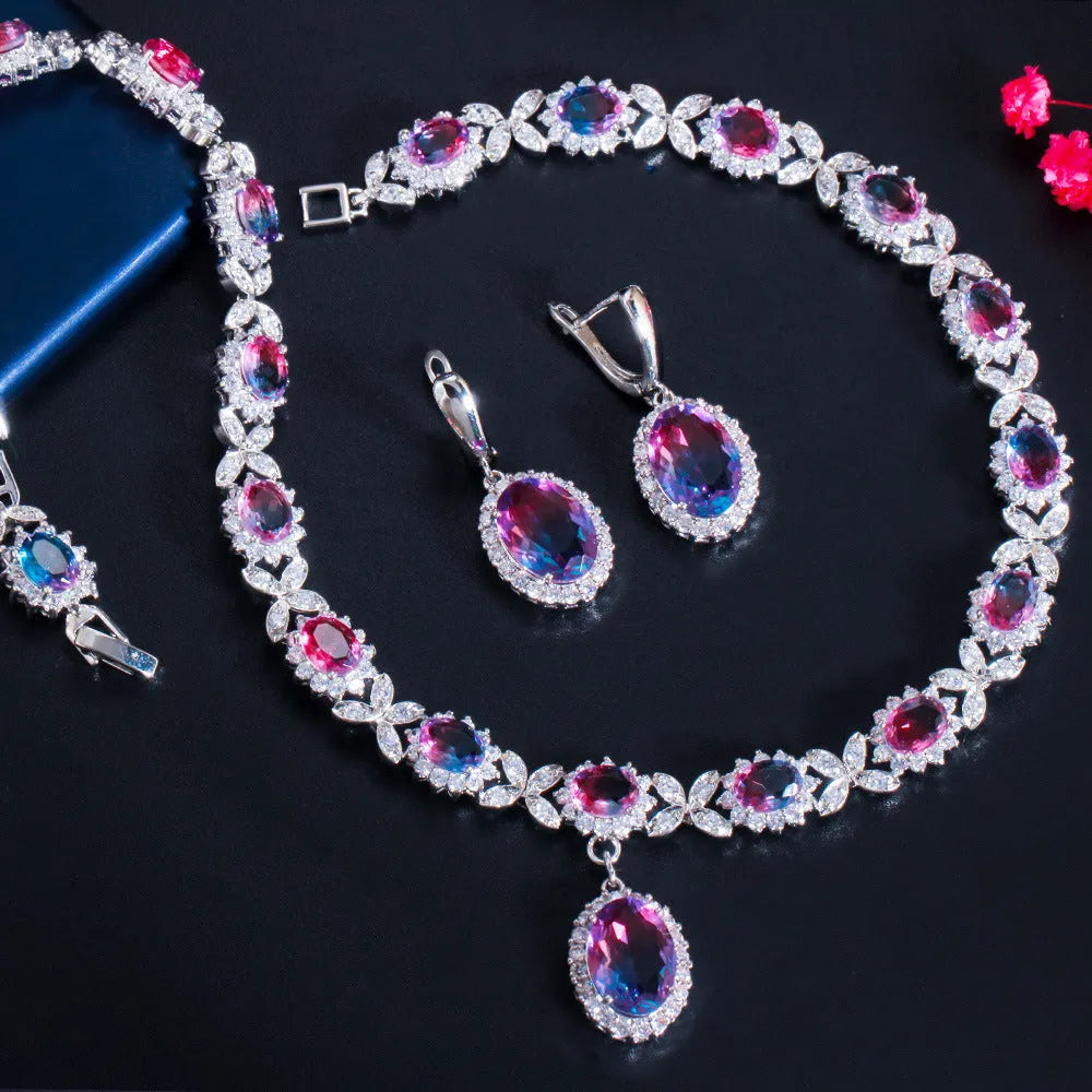 Women's copper inlaid zircon earrings and necklace set with gradient stones