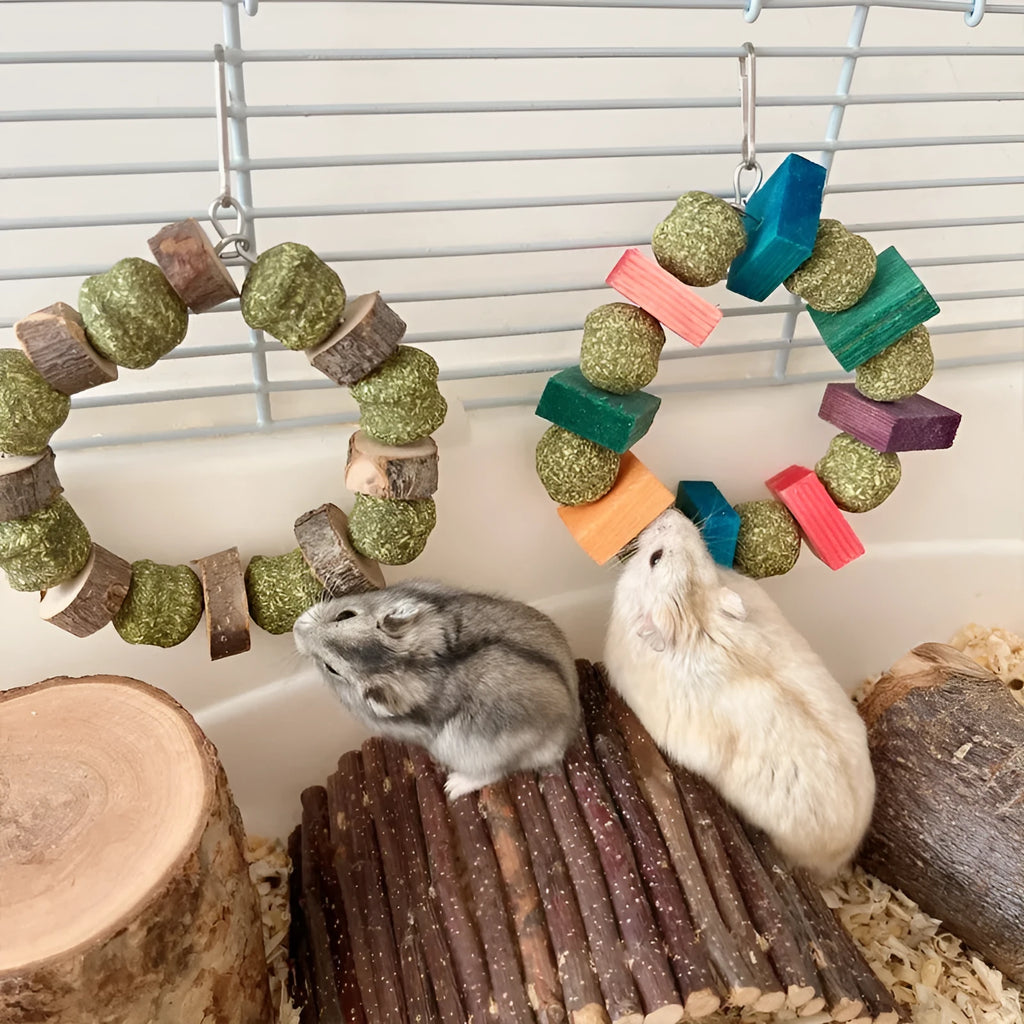 Hamster chew toy featuring straw ball ring design in colourful sequin or natural applewood finish