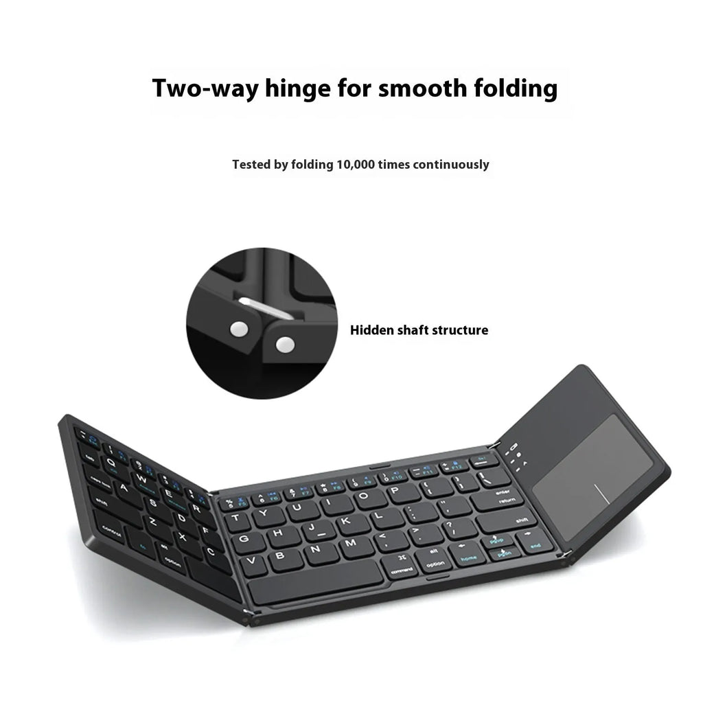 Black mini tri-fold Bluetooth keyboard shown folded and unfolded next to a mobile phone.