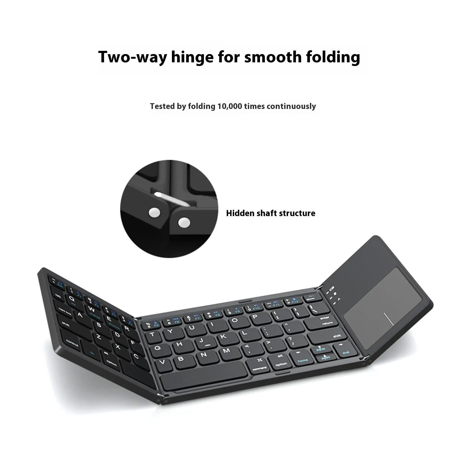 Black mini tri-fold Bluetooth keyboard shown folded and unfolded next to a mobile phone.