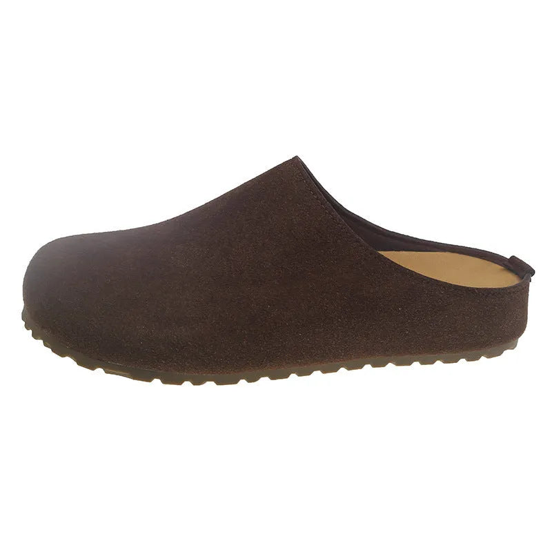 Women's outdoor slippers in apricot colour with microfiber upper, flat slip-on design, and square toe