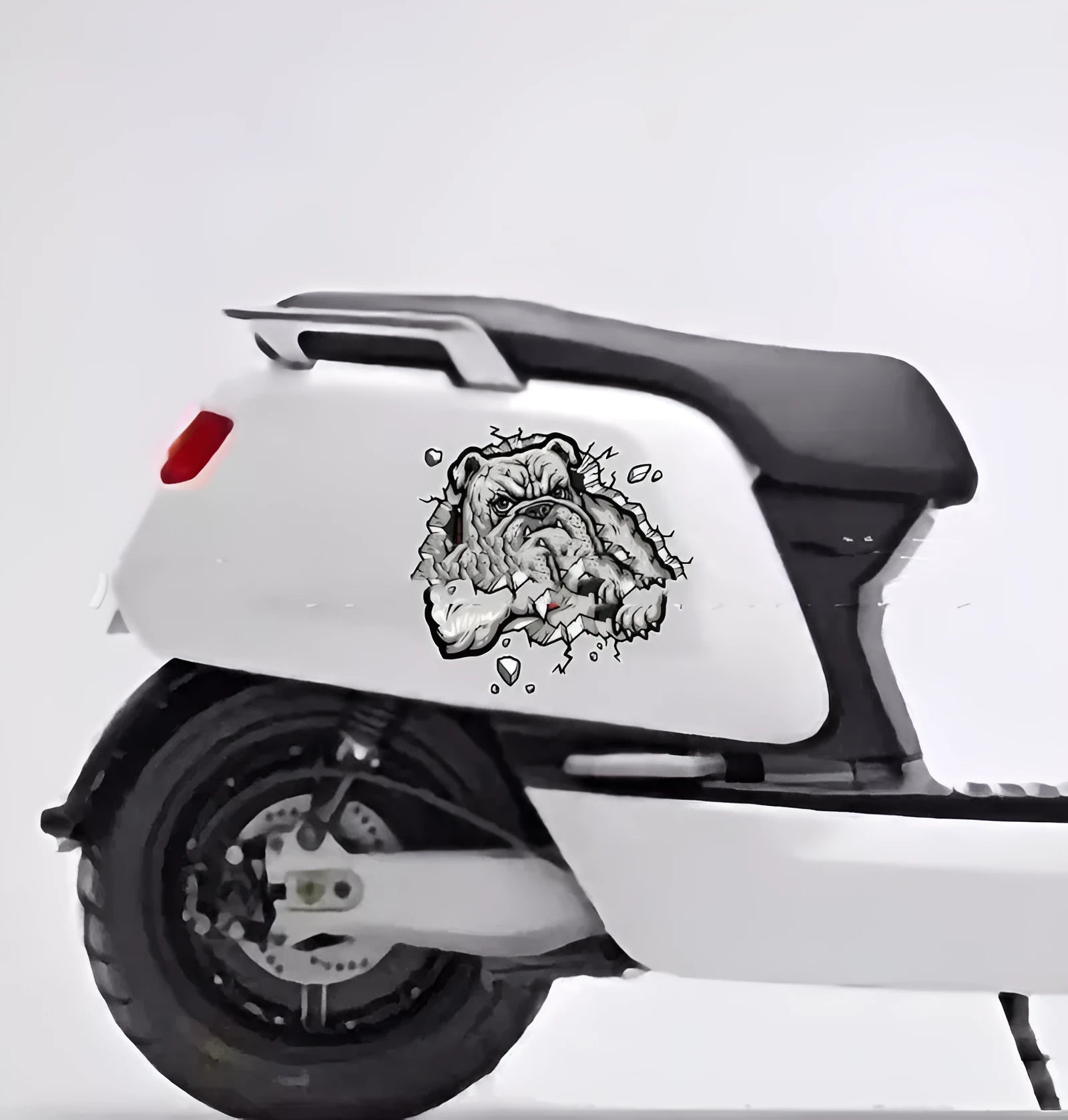 Grey dog design motorcycle decorative sticker with 17cm measurements and customisable size options