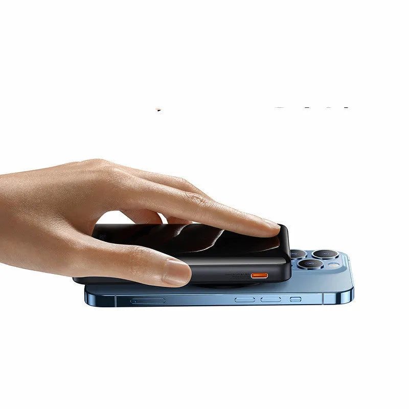 Blue 3-in-1 slim magnetic power bank with polymer lithium ion battery showing 117.3mm dimensions