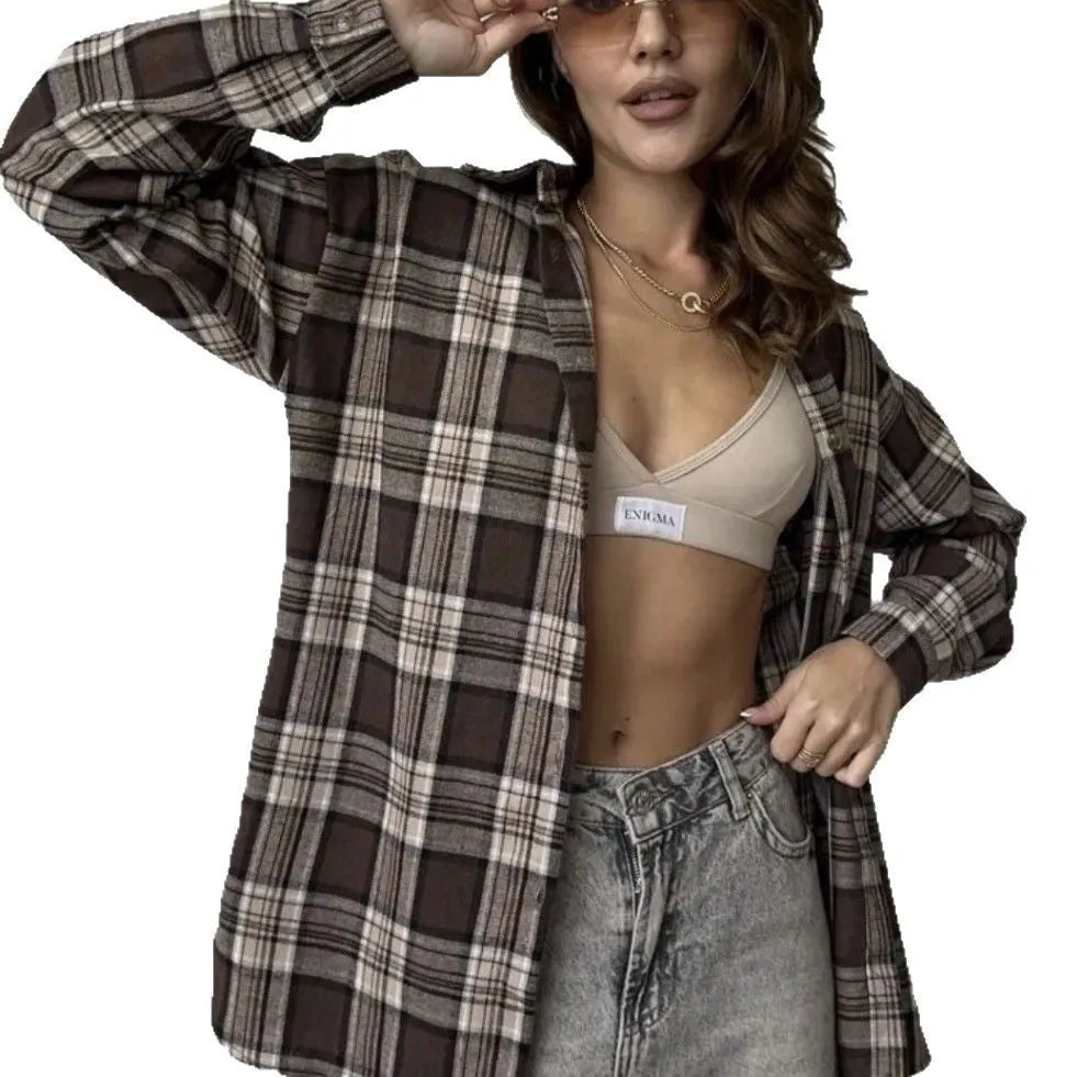 Dark brown retro striped women's shirt with long sleeves and button-up front