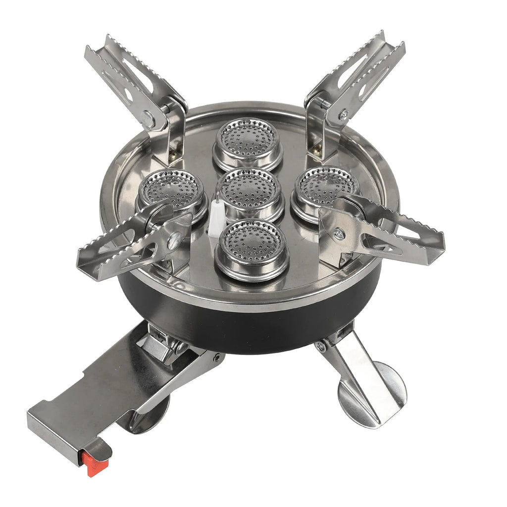 Silver portable split camping stove made of stainless steel and copper, showing its compact size and 100cm connecting hose.