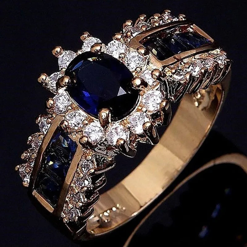 Three fashion ring designs: sunflower blue diamond, square blue zircon, and square purple zircon rings in zinc alloy