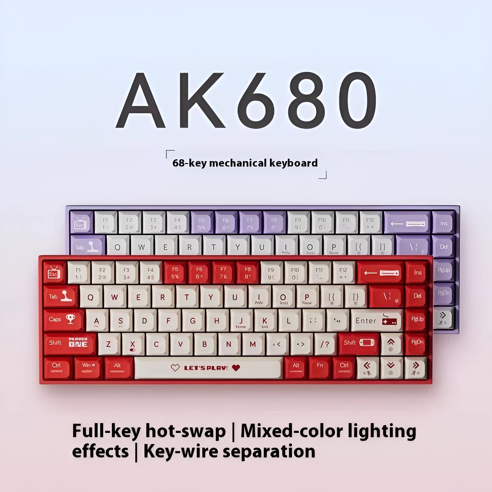 AJAZZ AK680 hot-swappable mechanical gaming keyboard in red and white or purple and white colour scheme.