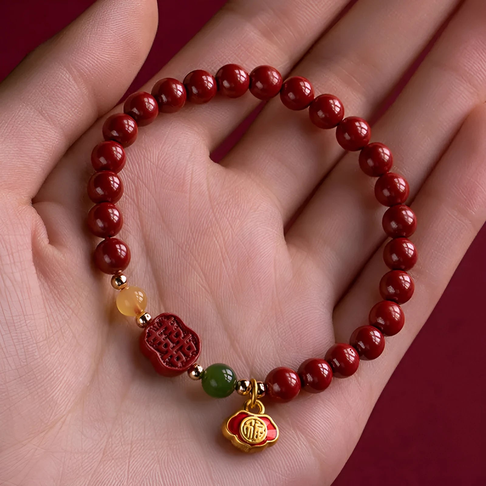 Cinnabar fu character bracelet with emperor sandstone beads in 6mm and 8mm size options.