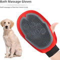 Red pet bathing glove with integrated brush for grooming and hair removal during bathing