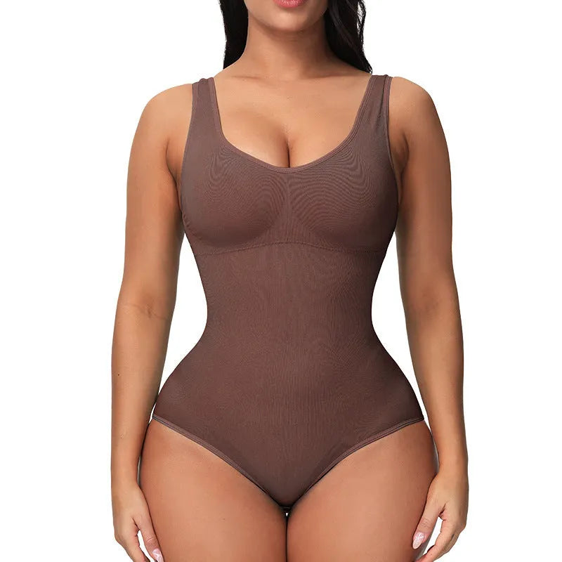 Seamless nylon women's corset bodysuit for waist support and body shaping in multiple colours.