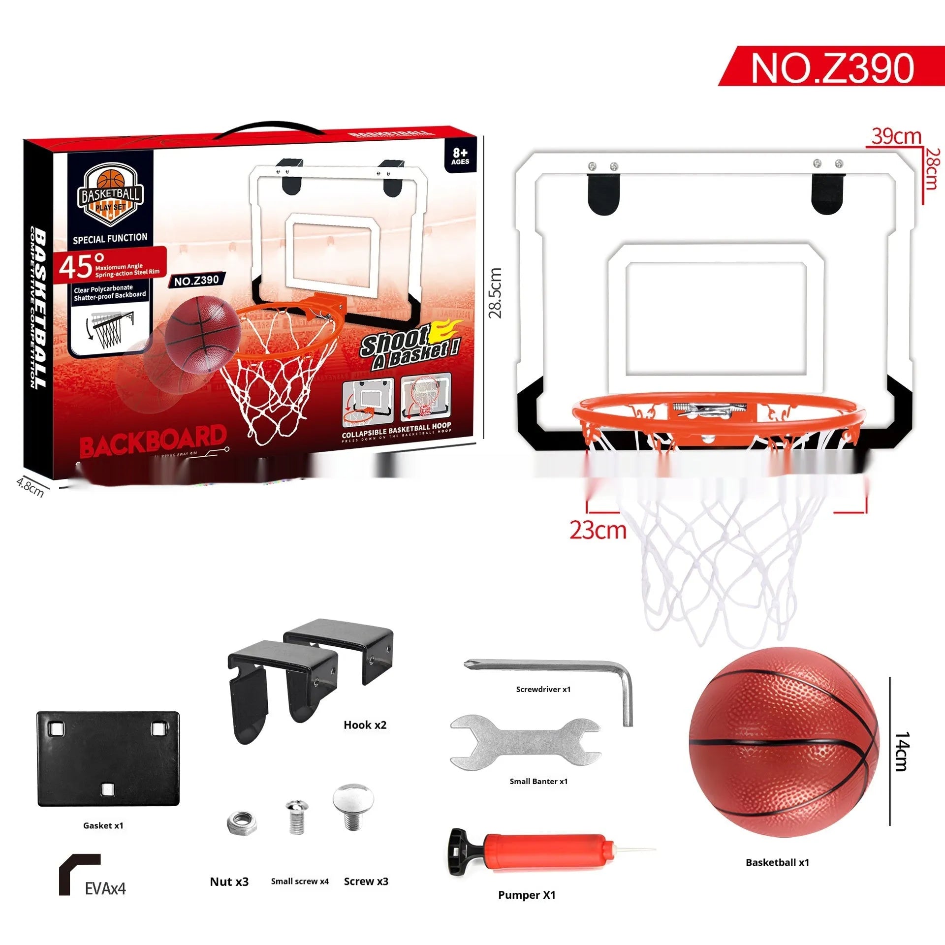 Red foldable indoor basketball hoop with suction cup mount showing dunk scoring and ball rack functions