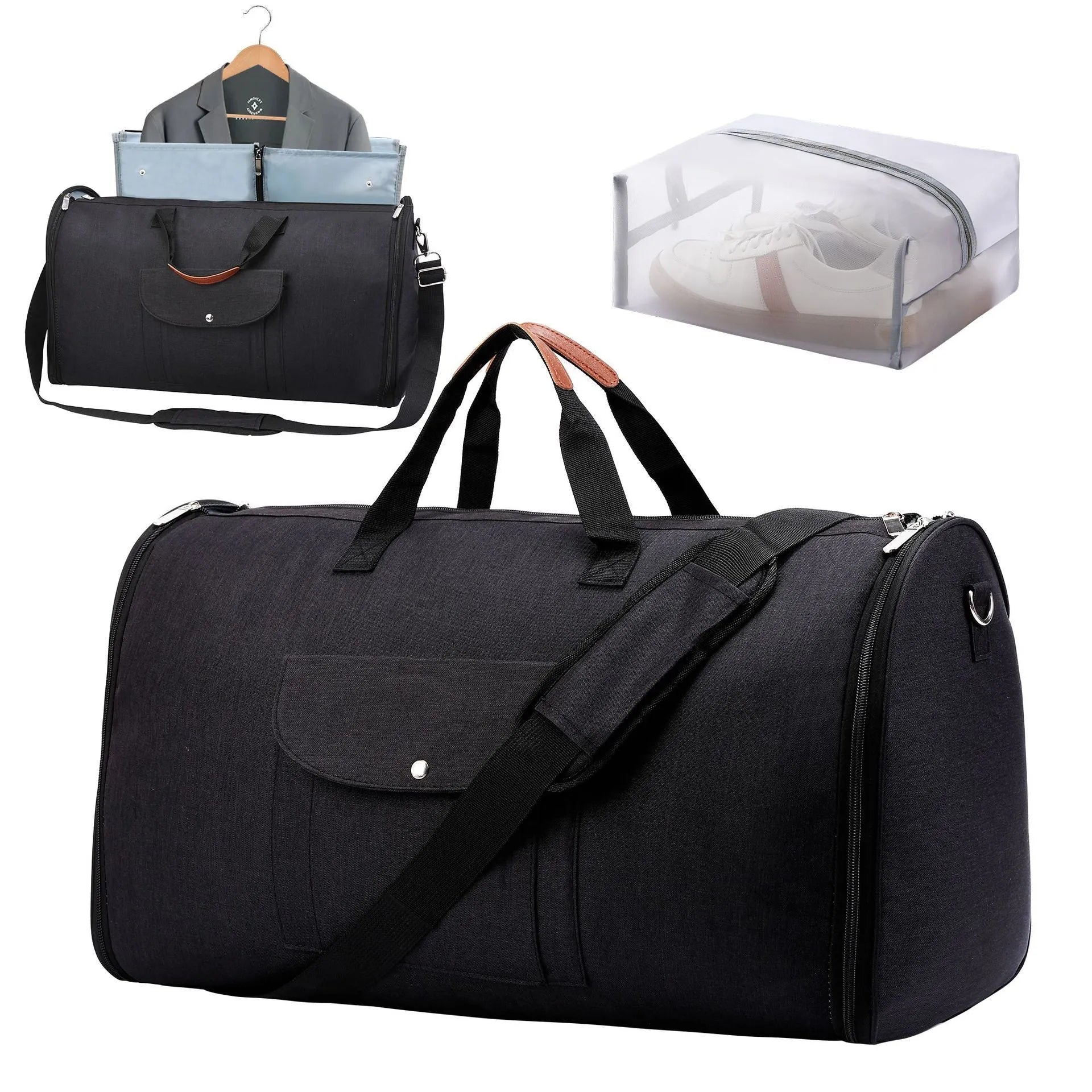 Folding duffel luggage bag in dark blue with 36-55L capacity for business travel and workouts