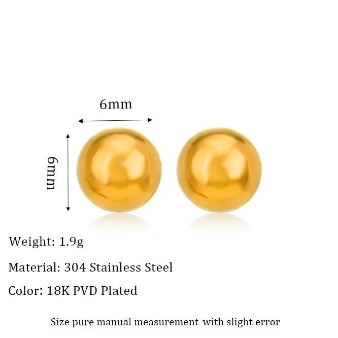 Minimalist stainless steel ball stud earrings in gold and silver tones, showing 3mm 4mm 5mm 6mm size difference.
