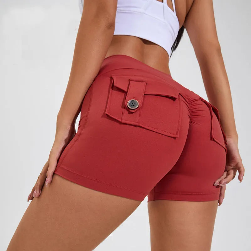 Women's high waist hip lifting sports shorts with side pockets in electric blue colour