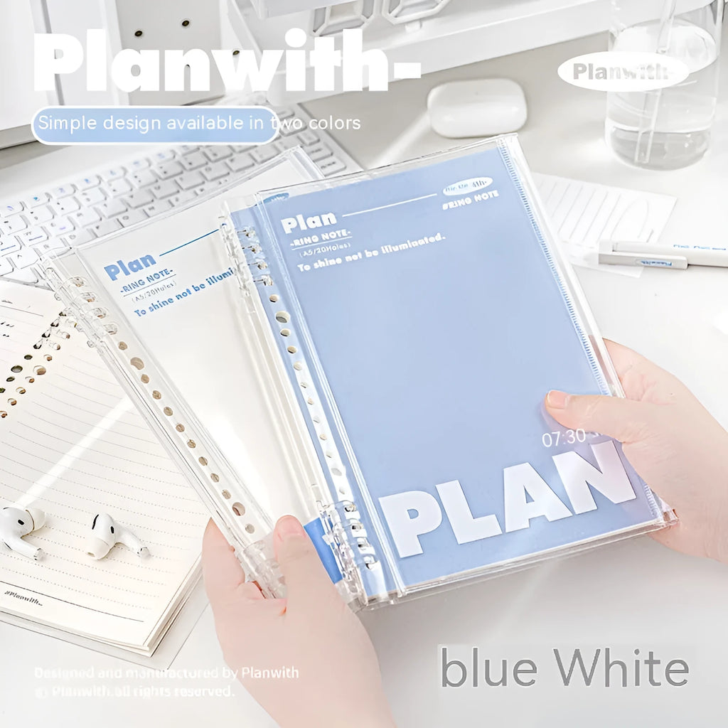 Clear PVC A5 notebook cover showing spiral binding slot and document pockets in white and blue colour options