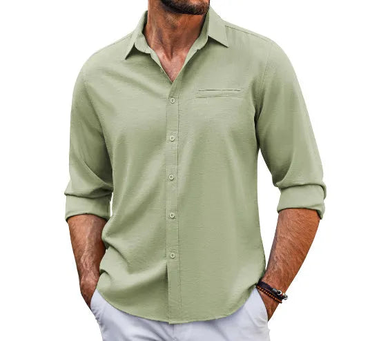 Men's grey long sleeve shirt with polo collar lace detail and button front.