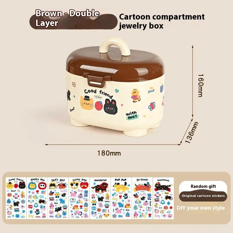 Red and brown cartoon-style desktop storage organiser with grid pattern and sticker set for labelling.