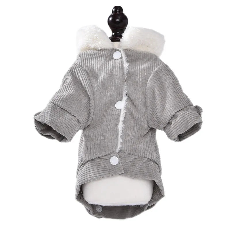 Grey lambswool fleece-lined vest for dogs or cats on a mannequin, showing wool lining and vest style.