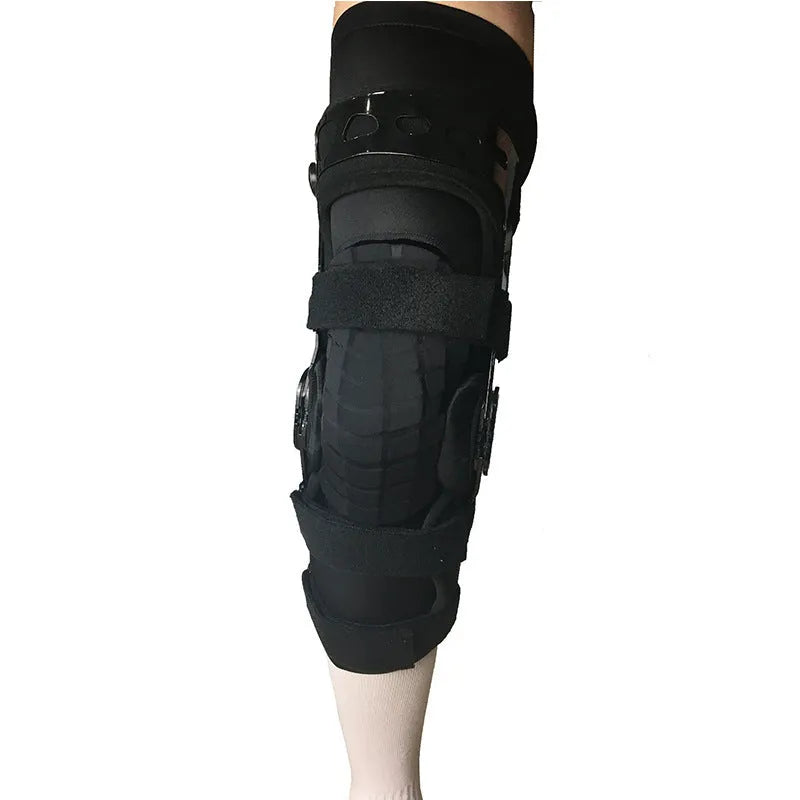 Black anterior ligament knee supporter brace showing left and right specific sizing options