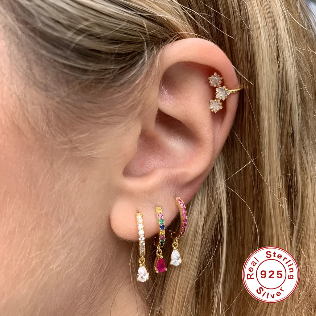 S925 sterling silver geometric water drop earrings with electroplated finish and gemstone accents
