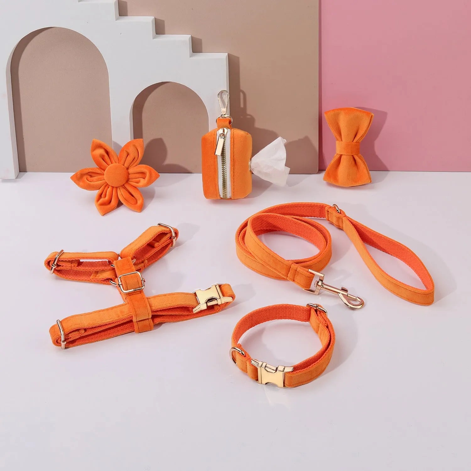 Classic velvet soft pet collar traction rope set with matching harness and accessories in multiple colour options