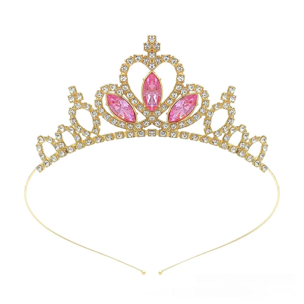 Gold electroplated alloy princess crown headdress with diamond-like decorations for birthday parties