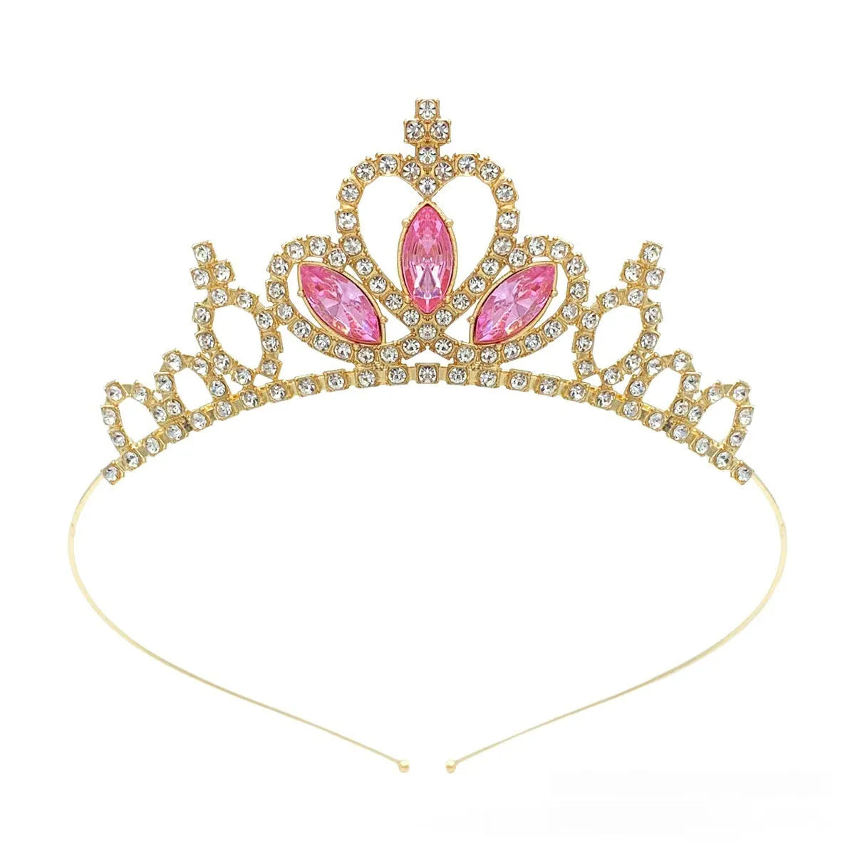 Gold electroplated alloy princess crown headdress with diamond-like decorations for birthday parties