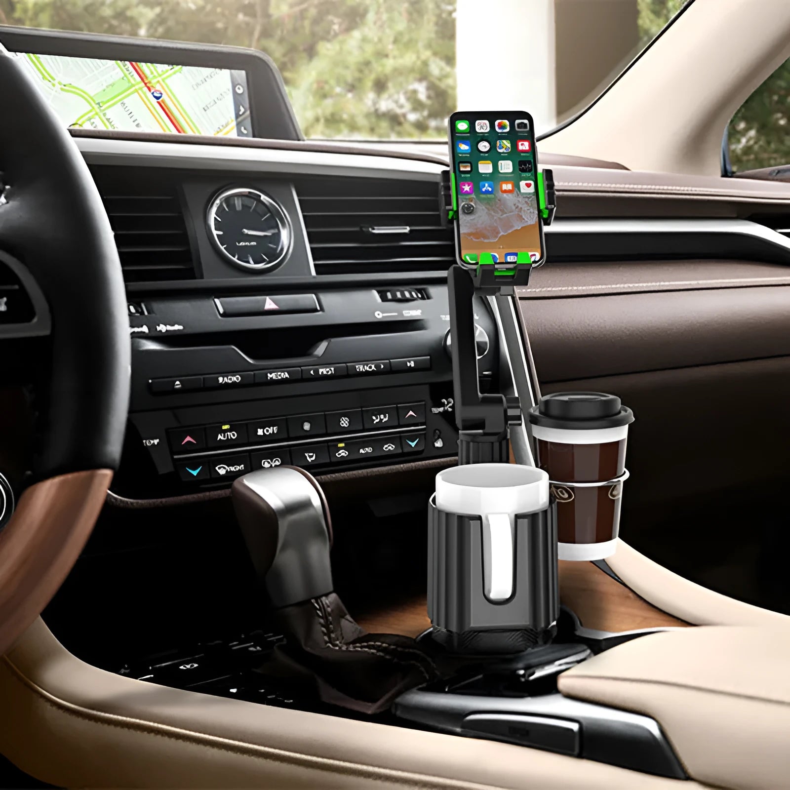 Green car cup holder organiser with phone holder and drink storage compartment