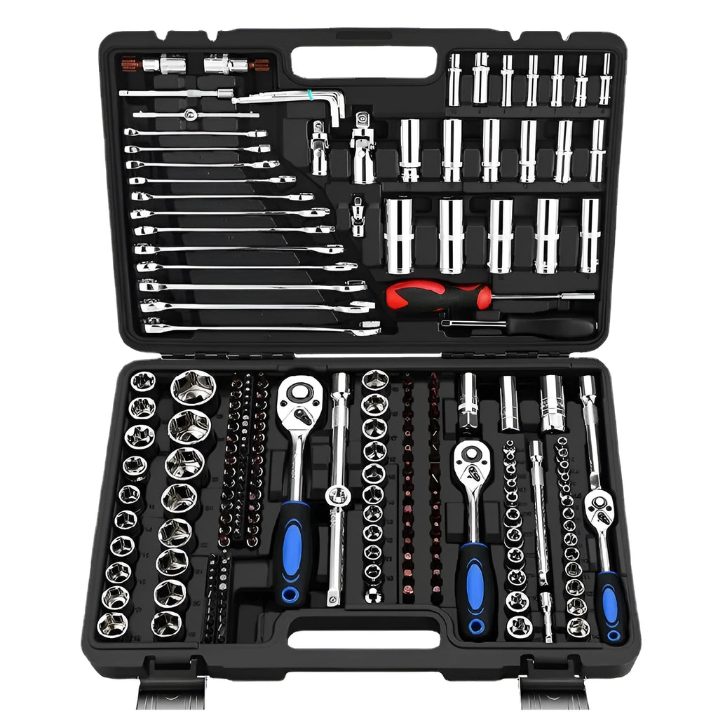 Chrome vanadium steel socket ratchet wrench set in a storage box for home and auto repair.