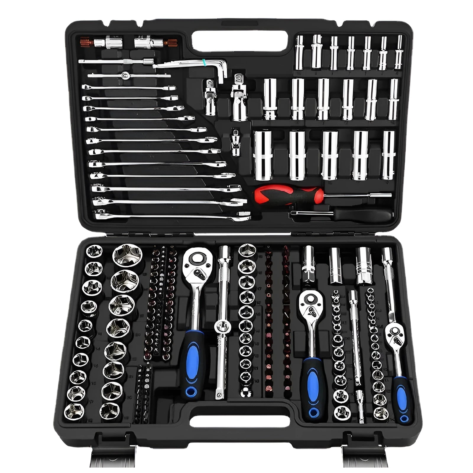 Chrome vanadium steel socket ratchet wrench set in a storage box for home and auto repair.