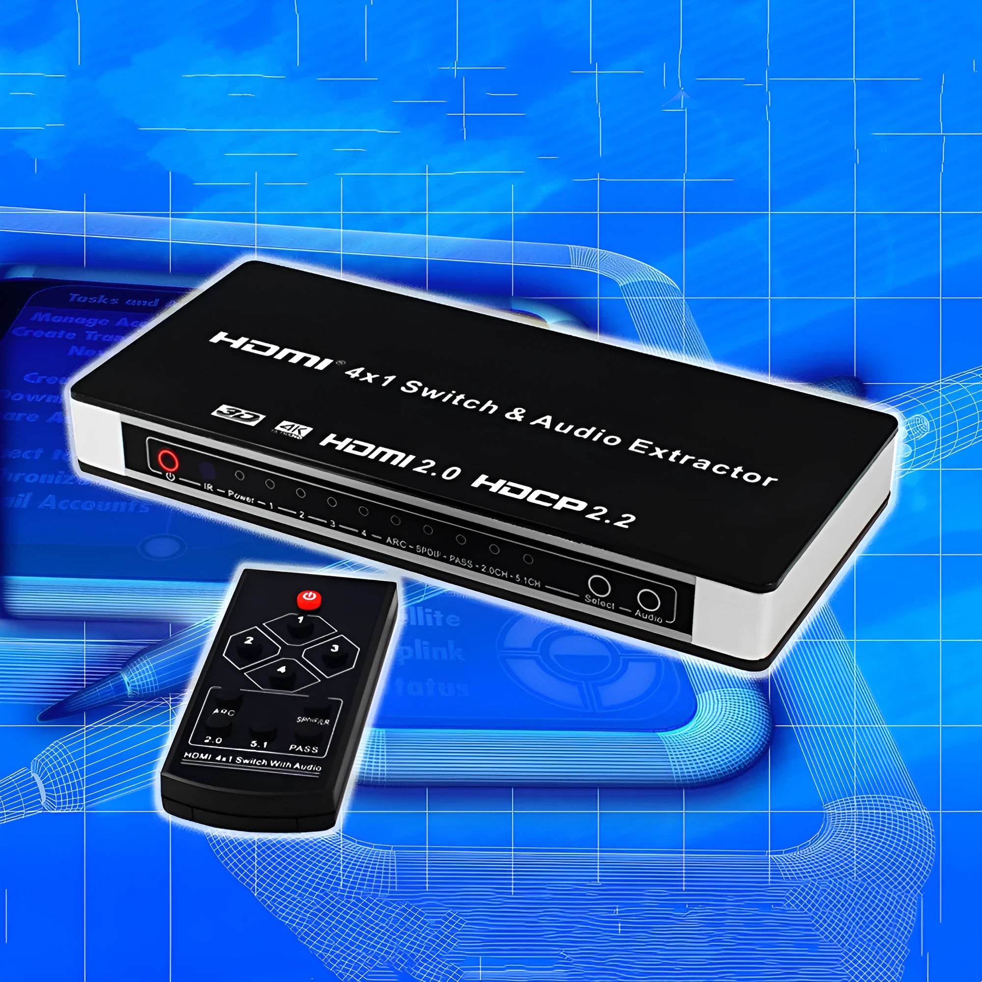 Black HDMI switch unit with four input ports, one output port, remote control, and UK plug power adapter.