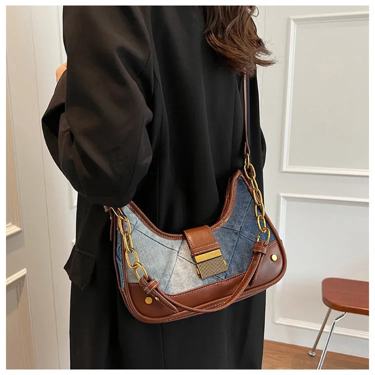 Brown denim women's shoulder bag with diamond chain straps and bucket shape