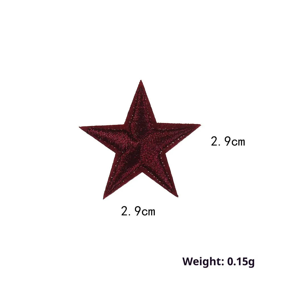 Colourful embroidered five-pointed star designs on cloth sticker labels for DIY clothing customisation.