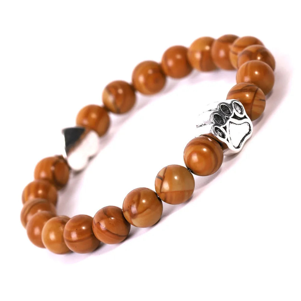 Tigereye Indian agate stone bracelet with dog's paw and love heart charms in beaded geometric design
