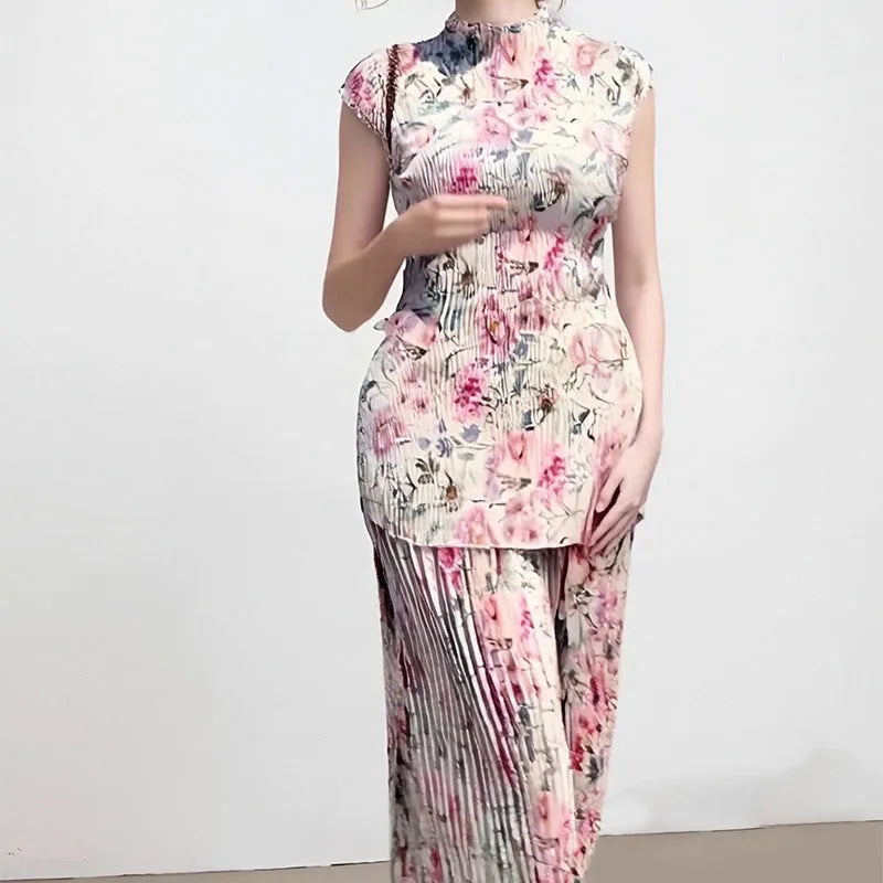 Long sleeve printed chiffon dress with high waist design in picture colour