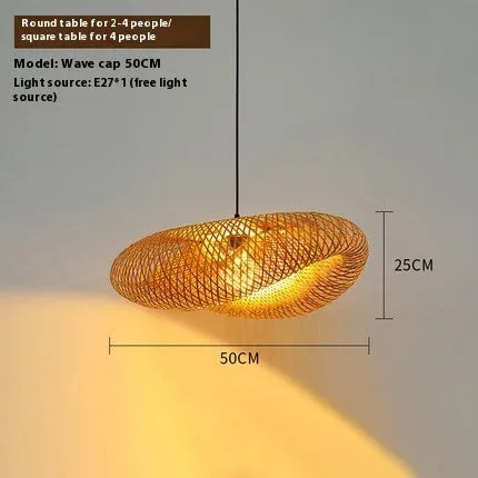 Bamboo straw hat-shaped hanging pendant lamp with natural woven shade for ceiling installation
