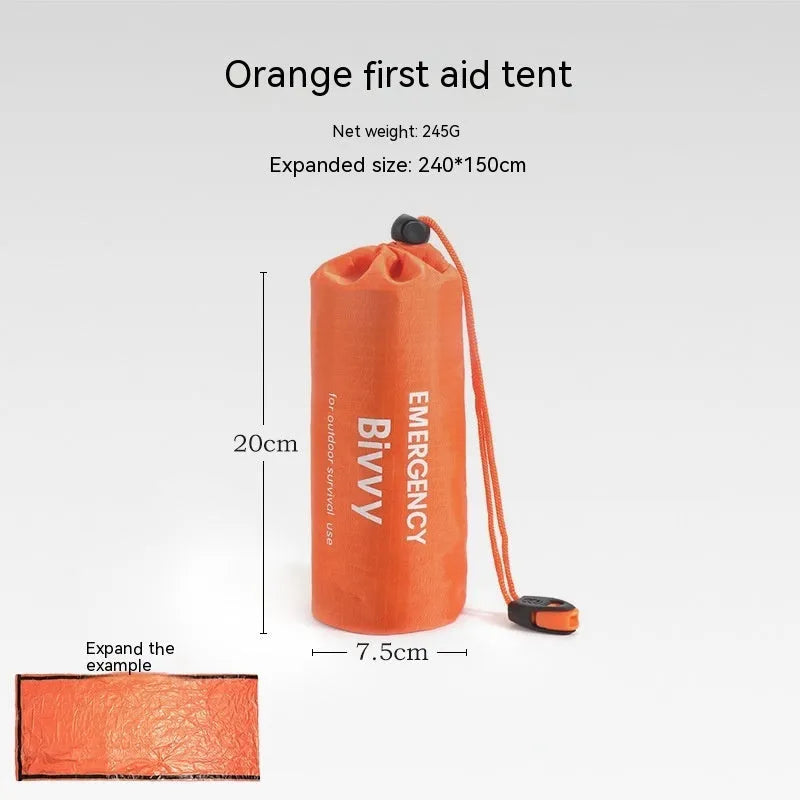 Orange emergency survival tent with sleeping bag and blanket for disaster relief
